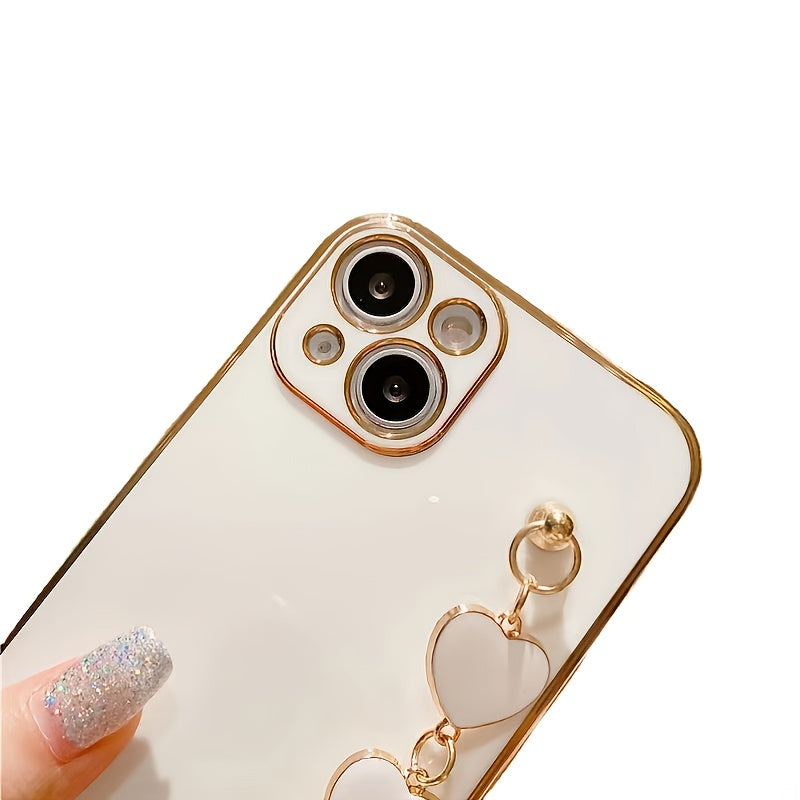 Luxury Plated Heart Bracelet Phone Case featuring a glossy finish, designed for most smartphones with a stylish heart bracelet attachment.