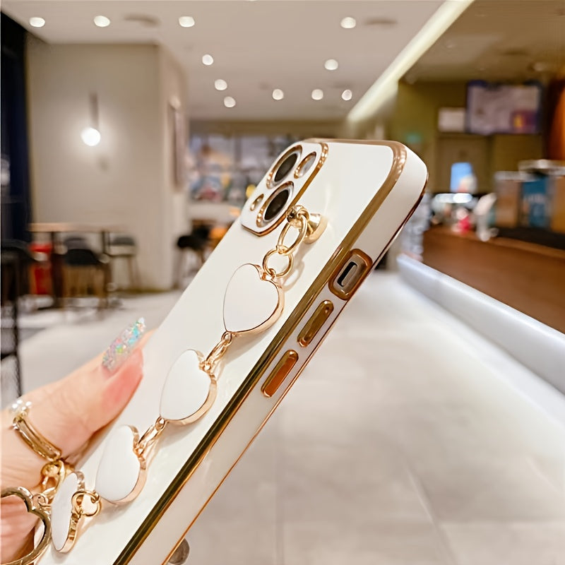 Luxury Plated Heart Bracelet Phone Case featuring a glossy finish, designed for most smartphones with a stylish heart bracelet attachment.