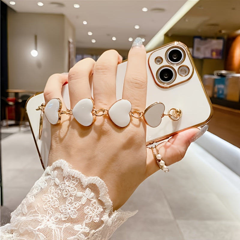 Luxury Plated Heart Bracelet Phone Case featuring a glossy finish, designed for most smartphones with a stylish heart bracelet attachment.