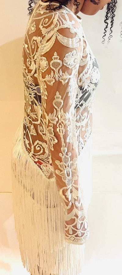 Luxury Sexy Mesh Mini Dress in Off White with fringe hem, featuring a crew neck, long sleeves, and zip-back fastening, perfect for parties.