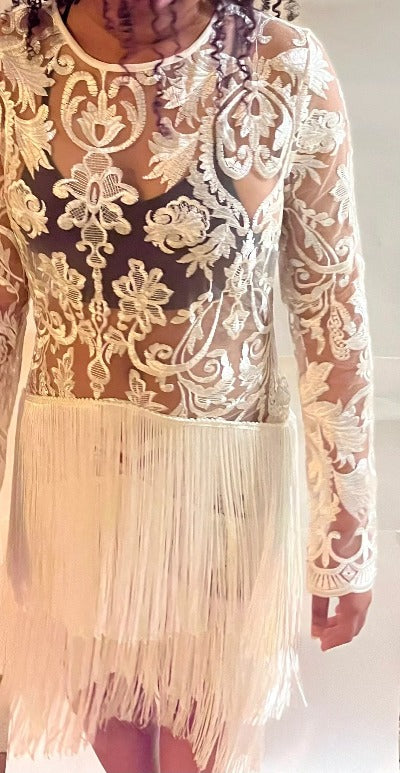 Luxury Sexy Mesh Mini Dress in Off White with fringe hem, featuring a crew neck, long sleeves, and zip-back fastening, perfect for parties.