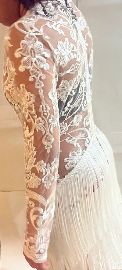 Luxury Sexy Mesh Mini Dress in Off White with fringe hem, featuring a crew neck, long sleeves, and zip-back fastening, perfect for parties.