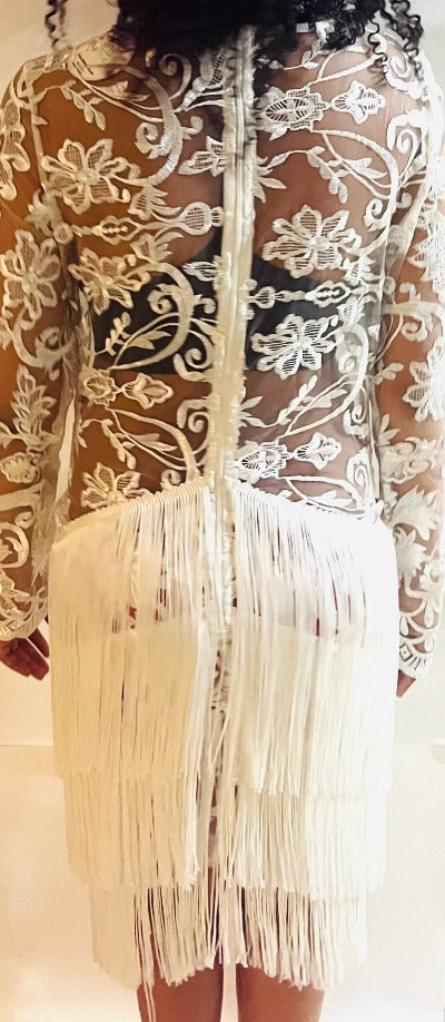 Luxury Sexy Mesh Mini Dress in Off White with fringe hem, featuring a crew neck, long sleeves, and zip-back fastening, perfect for parties.