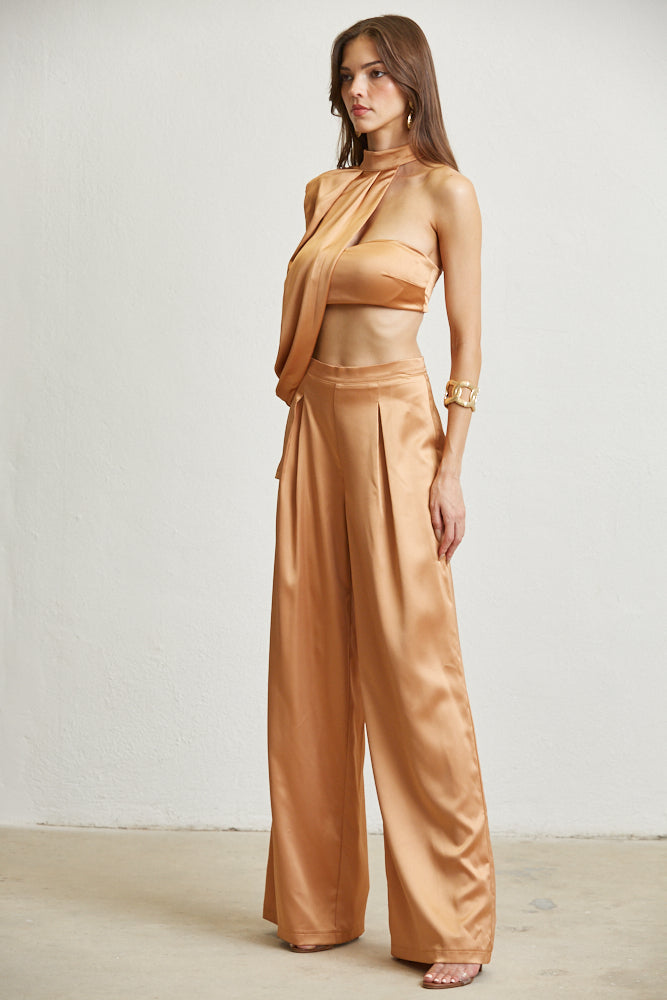 Madison 3-Piece Set featuring a luxe satin fabric top, bandeau, and wide-leg pants in an elegant design.