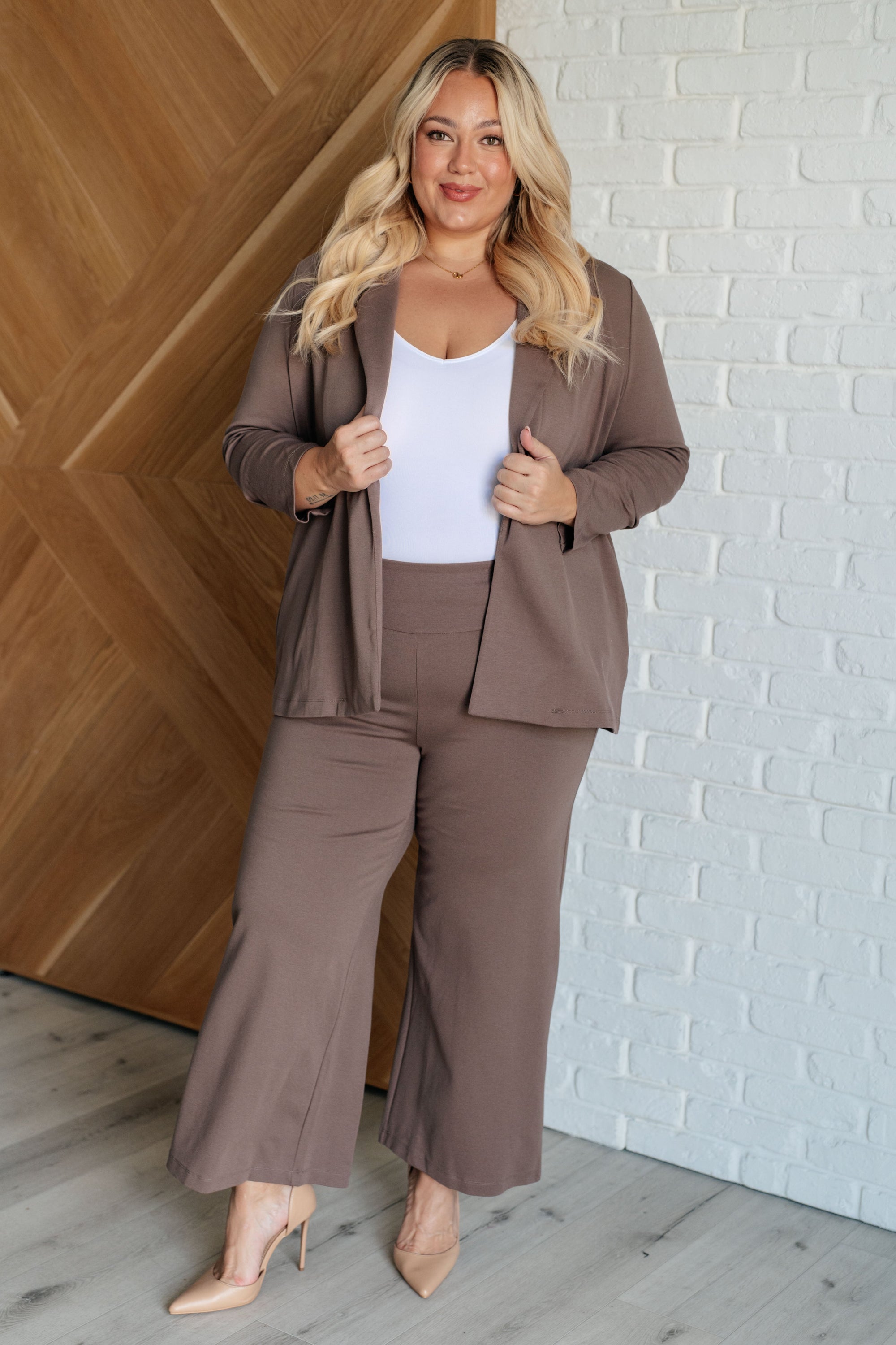 Magic Wide Leg Crop Pants in Dark Mocha, showcasing a trendy cropped design with faux welt pocket and high stretch ponte knit fabric.