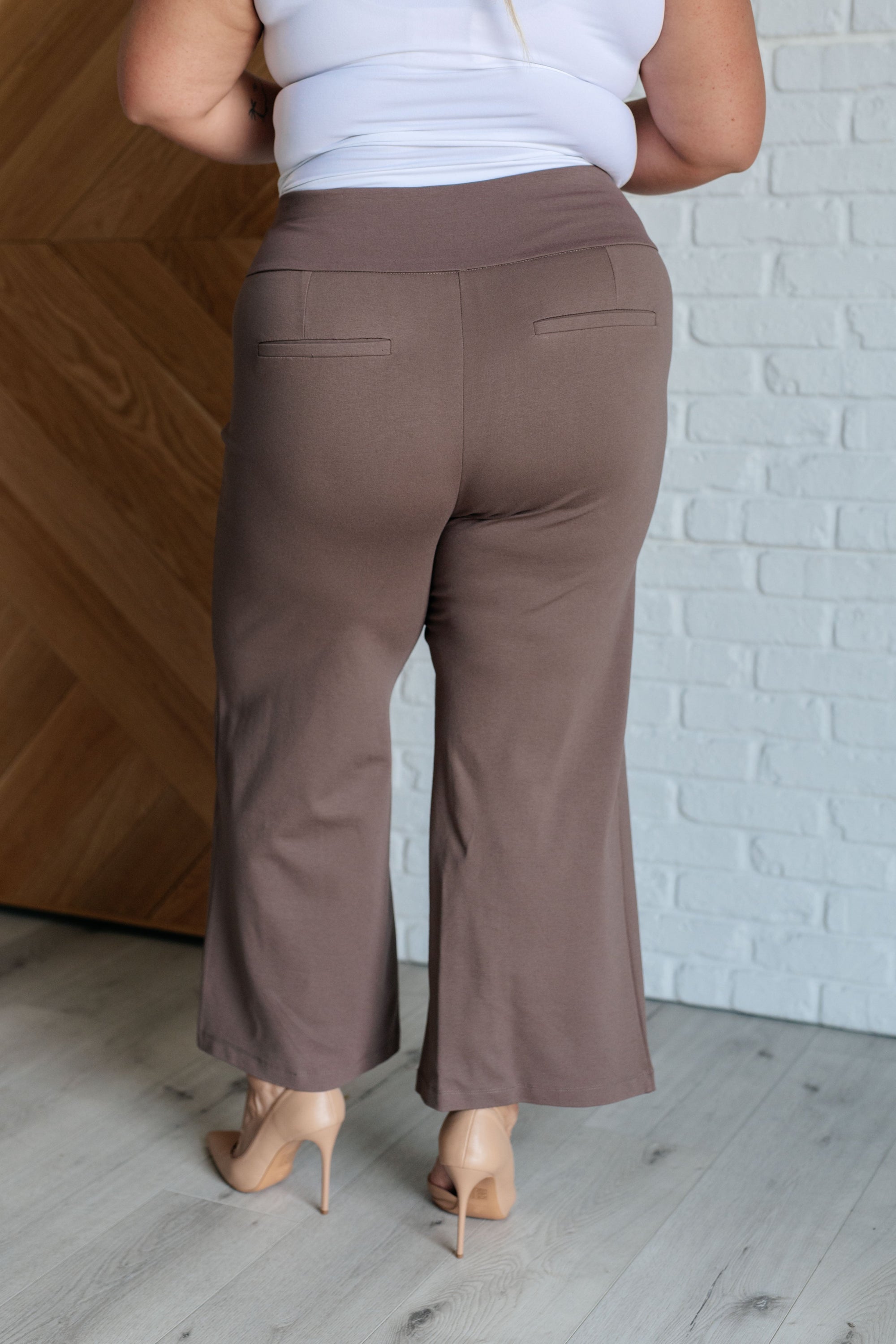 Magic Wide Leg Crop Pants in Dark Mocha, showcasing a trendy cropped design with faux welt pocket and high stretch ponte knit fabric.
