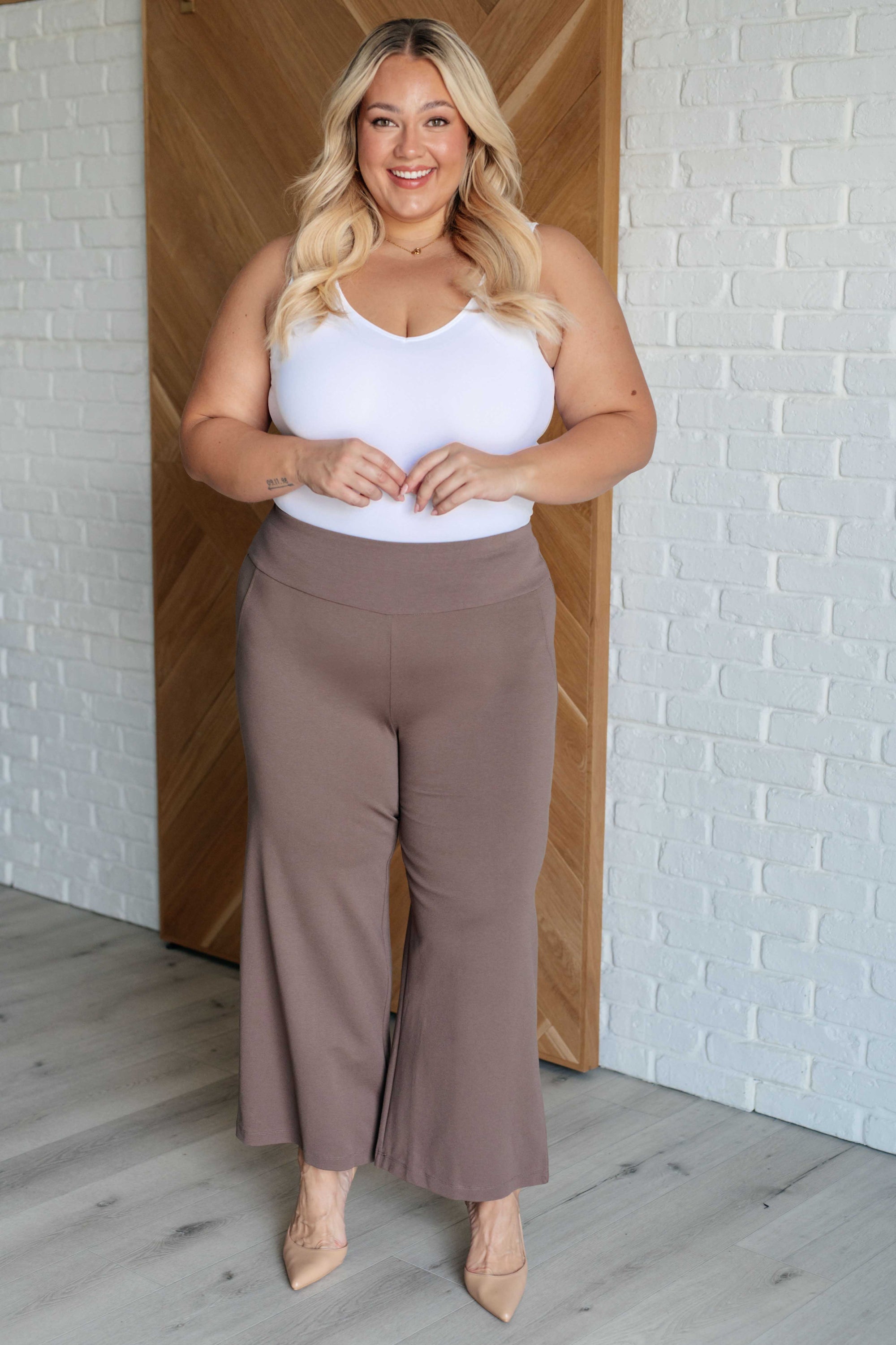 Magic Wide Leg Crop Pants in Dark Mocha, showcasing a trendy cropped design with faux welt pocket and high stretch ponte knit fabric.