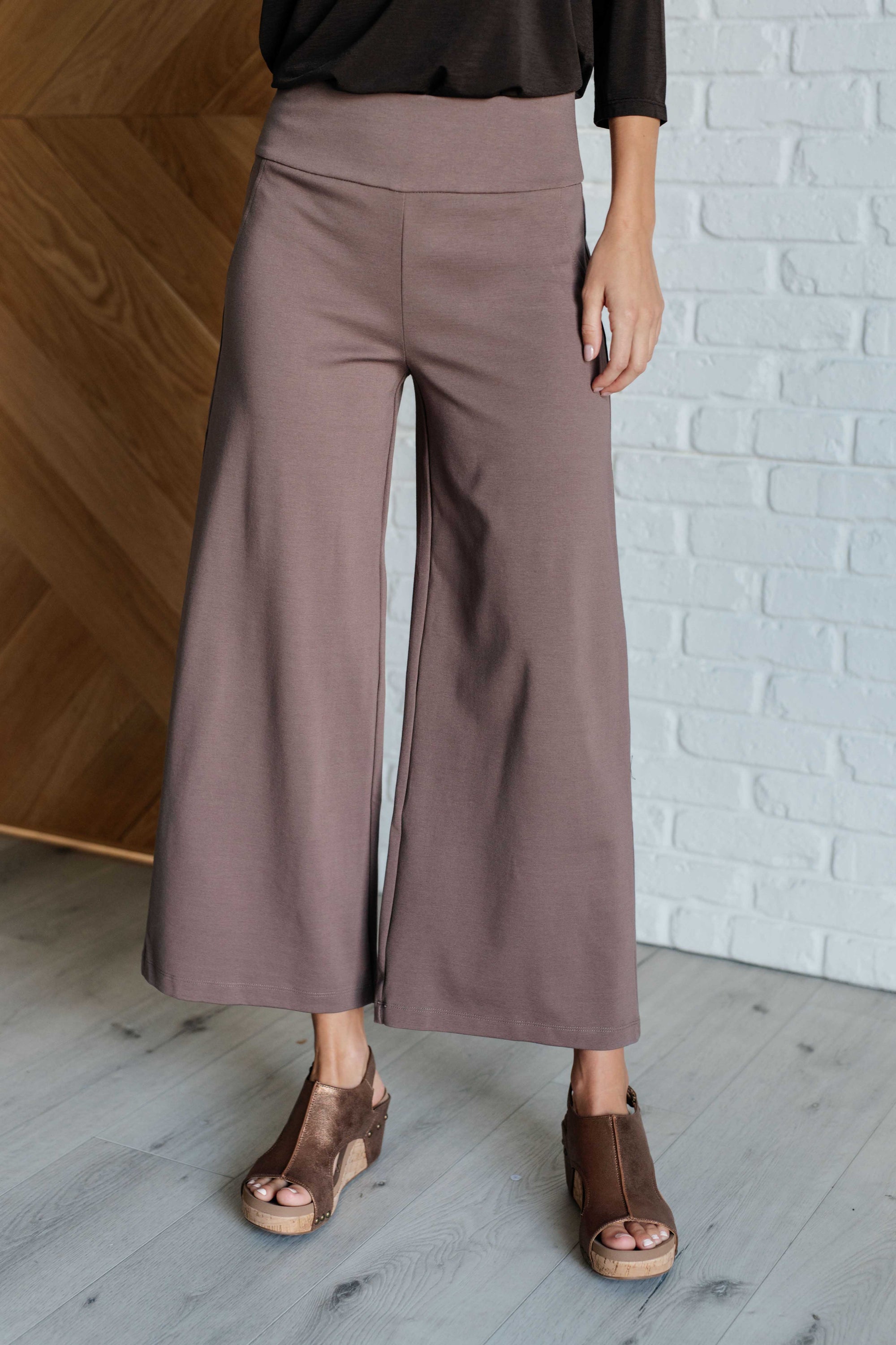 Magic Wide Leg Crop Pants in Dark Mocha, showcasing a trendy cropped design with faux welt pocket and high stretch ponte knit fabric.