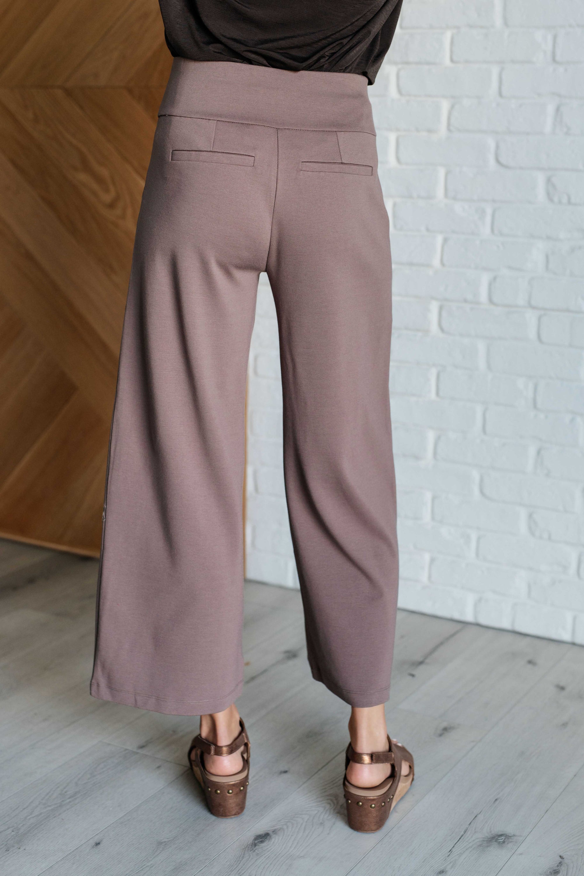 Magic Wide Leg Crop Pants in Dark Mocha, showcasing a trendy cropped design with faux welt pocket and high stretch ponte knit fabric.