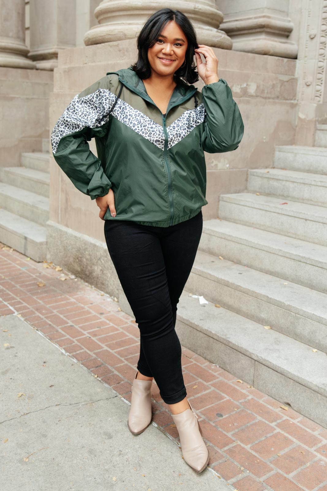 Olive green Make Your Move Windbreaker jacket with animal print and zipper front, perfect for fall outings.