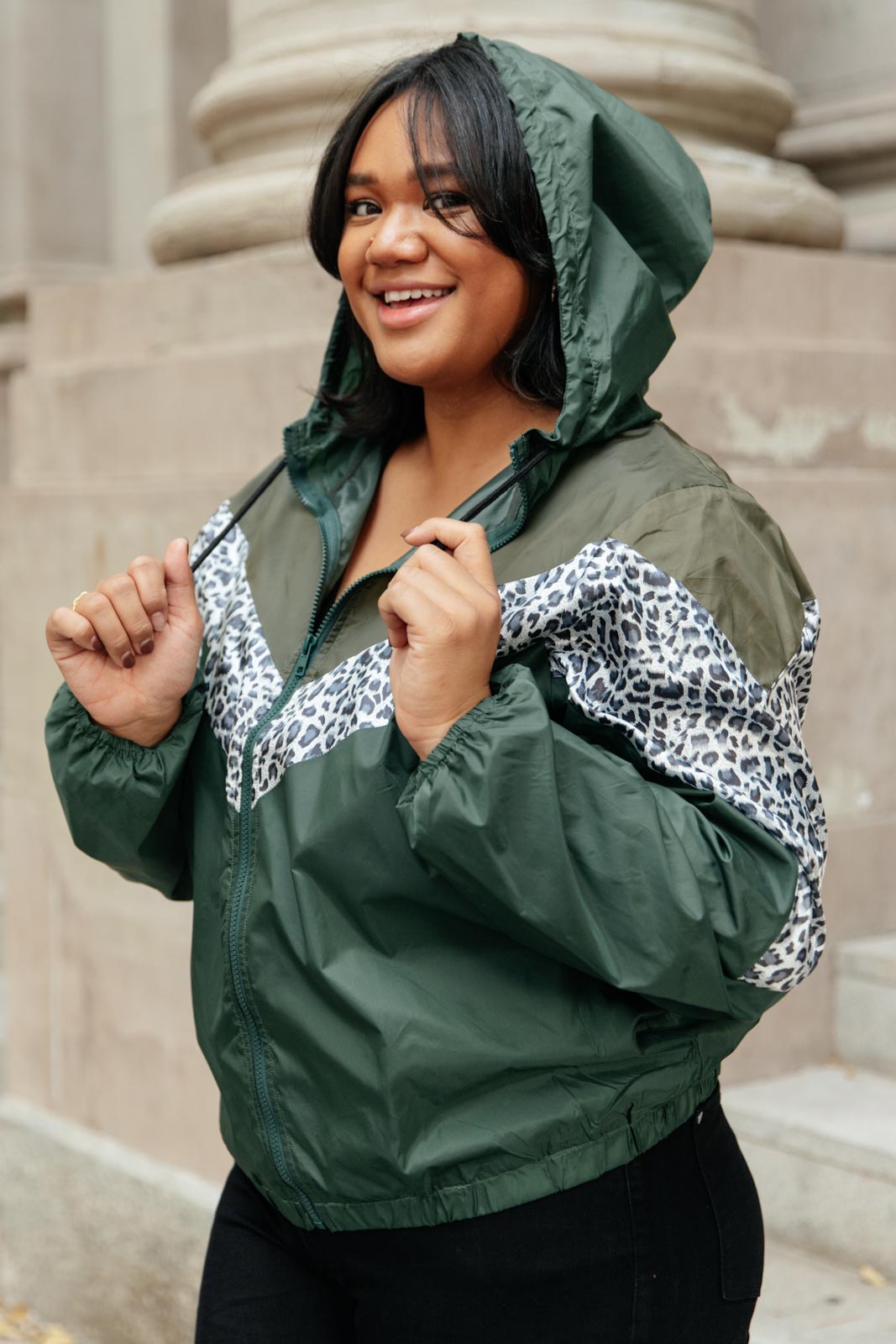 Olive green Make Your Move Windbreaker jacket with animal print and zipper front, perfect for fall outings.