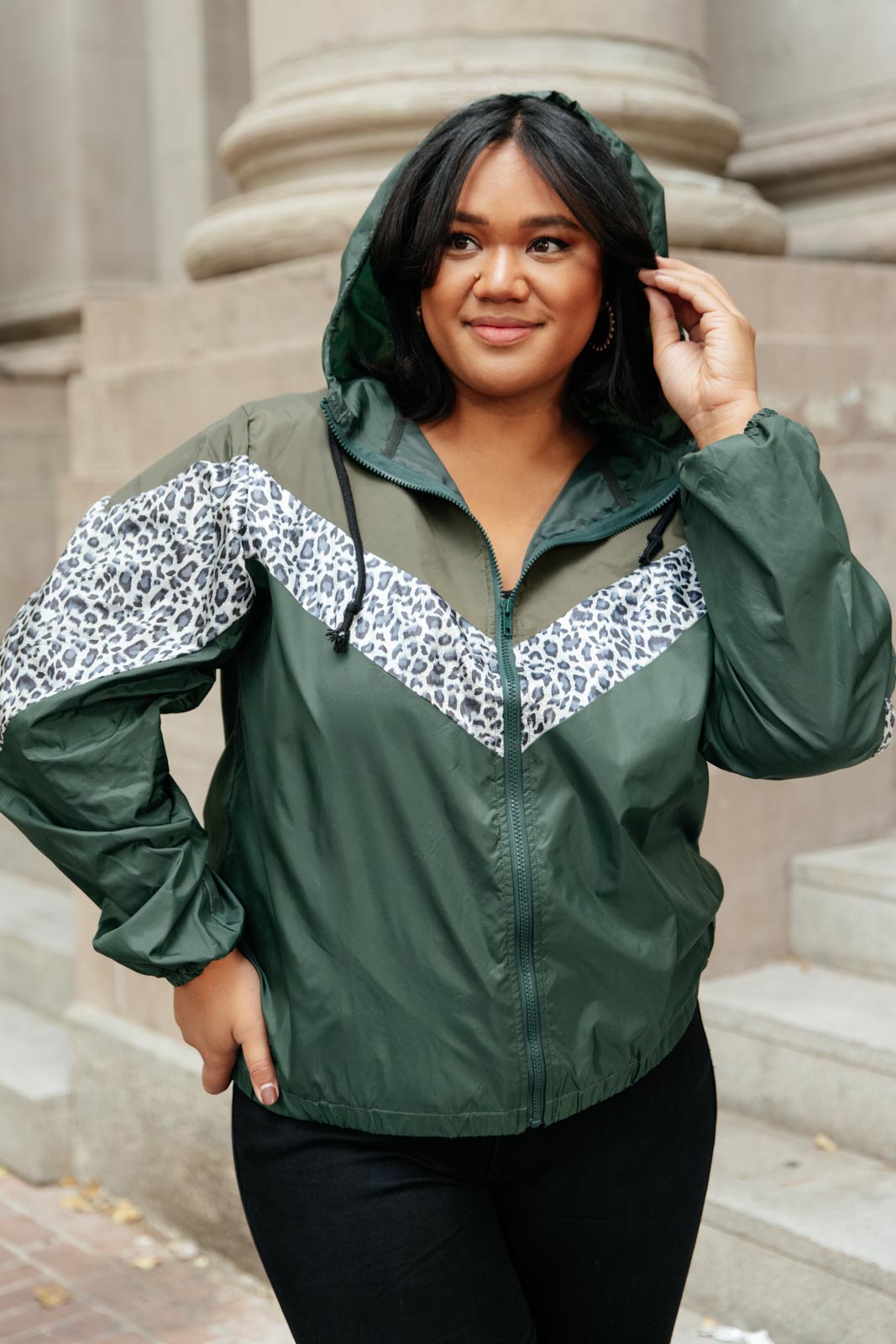 Olive green Make Your Move Windbreaker jacket with animal print and zipper front, perfect for fall outings.