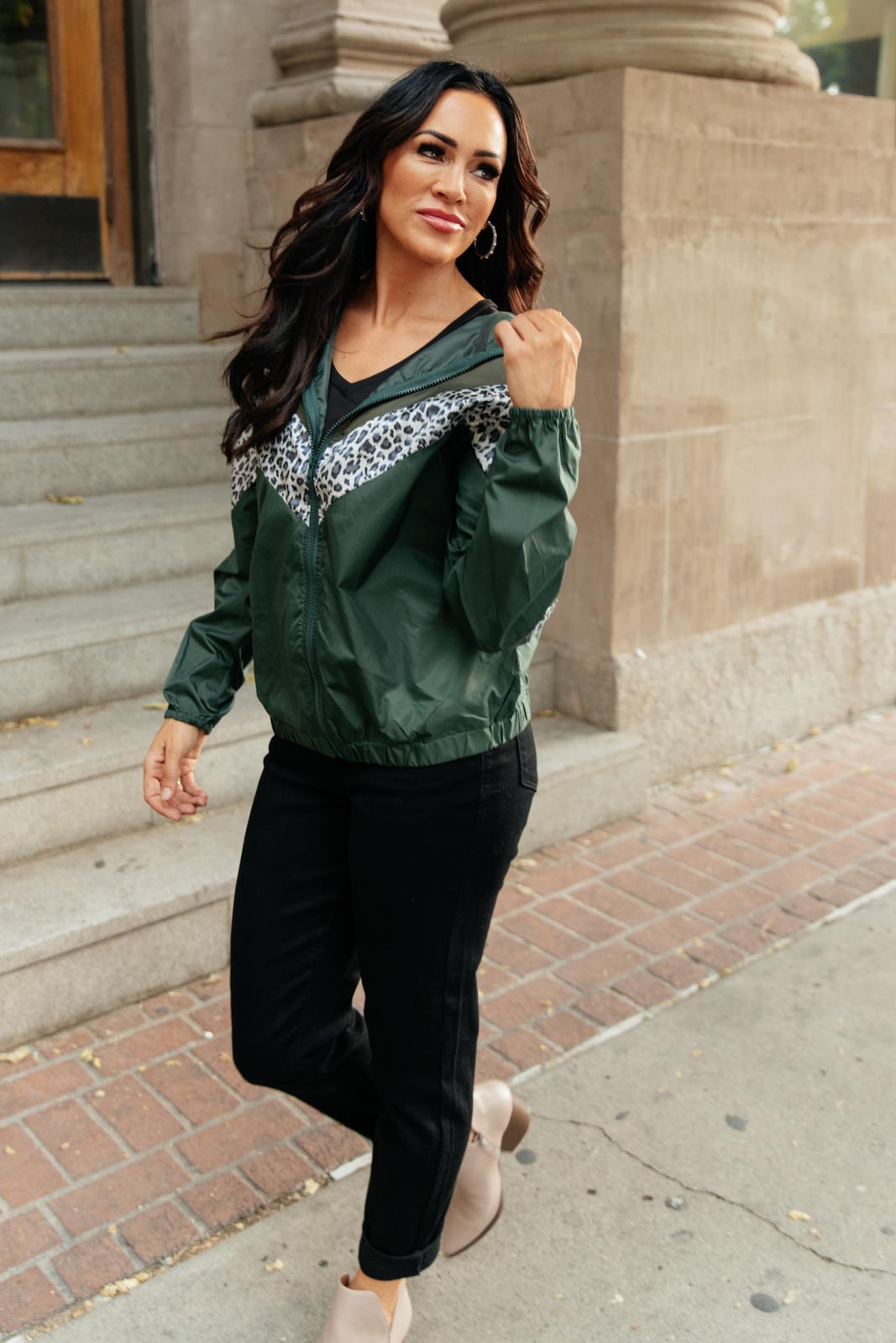 Olive green Make Your Move Windbreaker jacket with animal print and zipper front, perfect for fall outings.