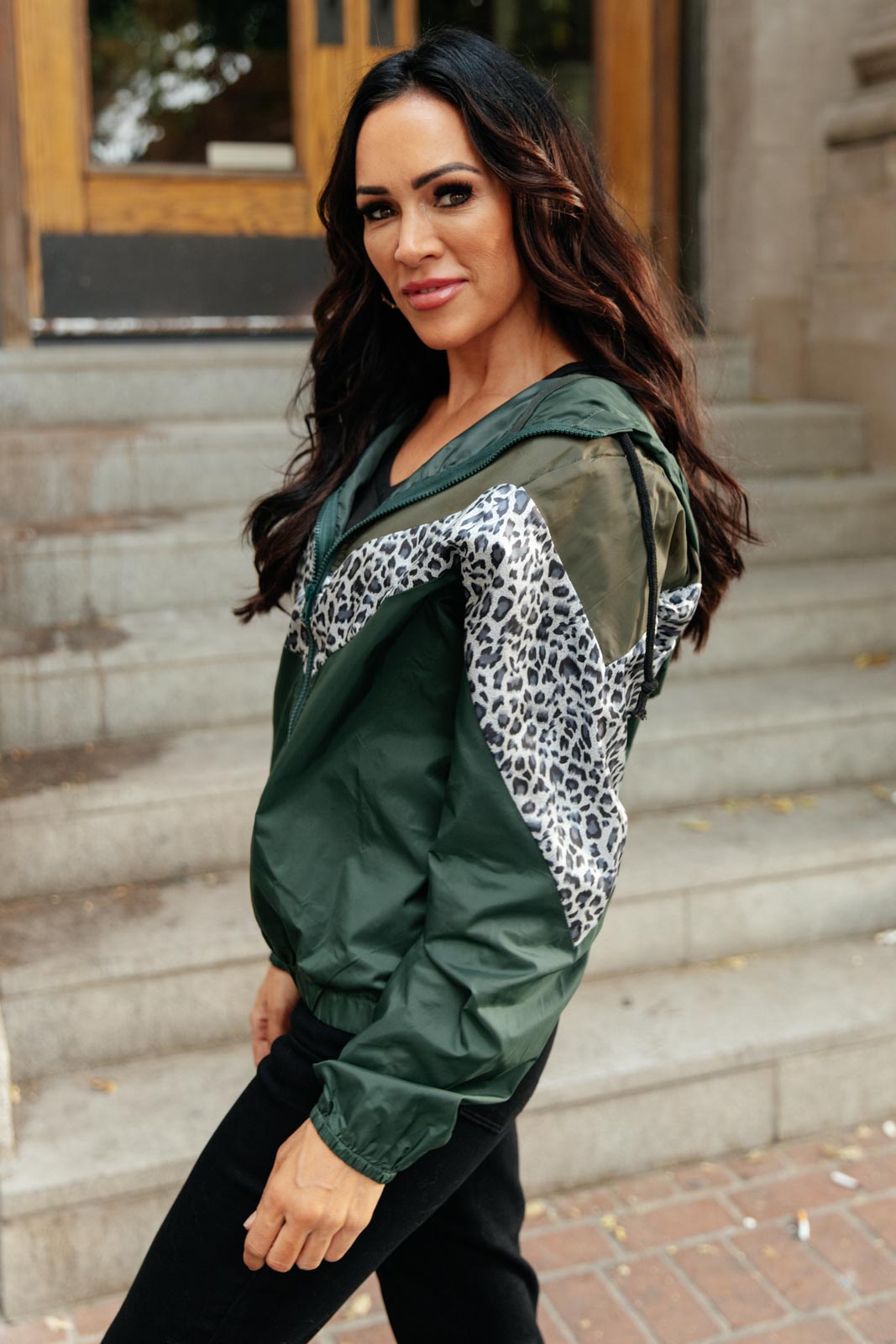 Olive green Make Your Move Windbreaker jacket with animal print and zipper front, perfect for fall outings.