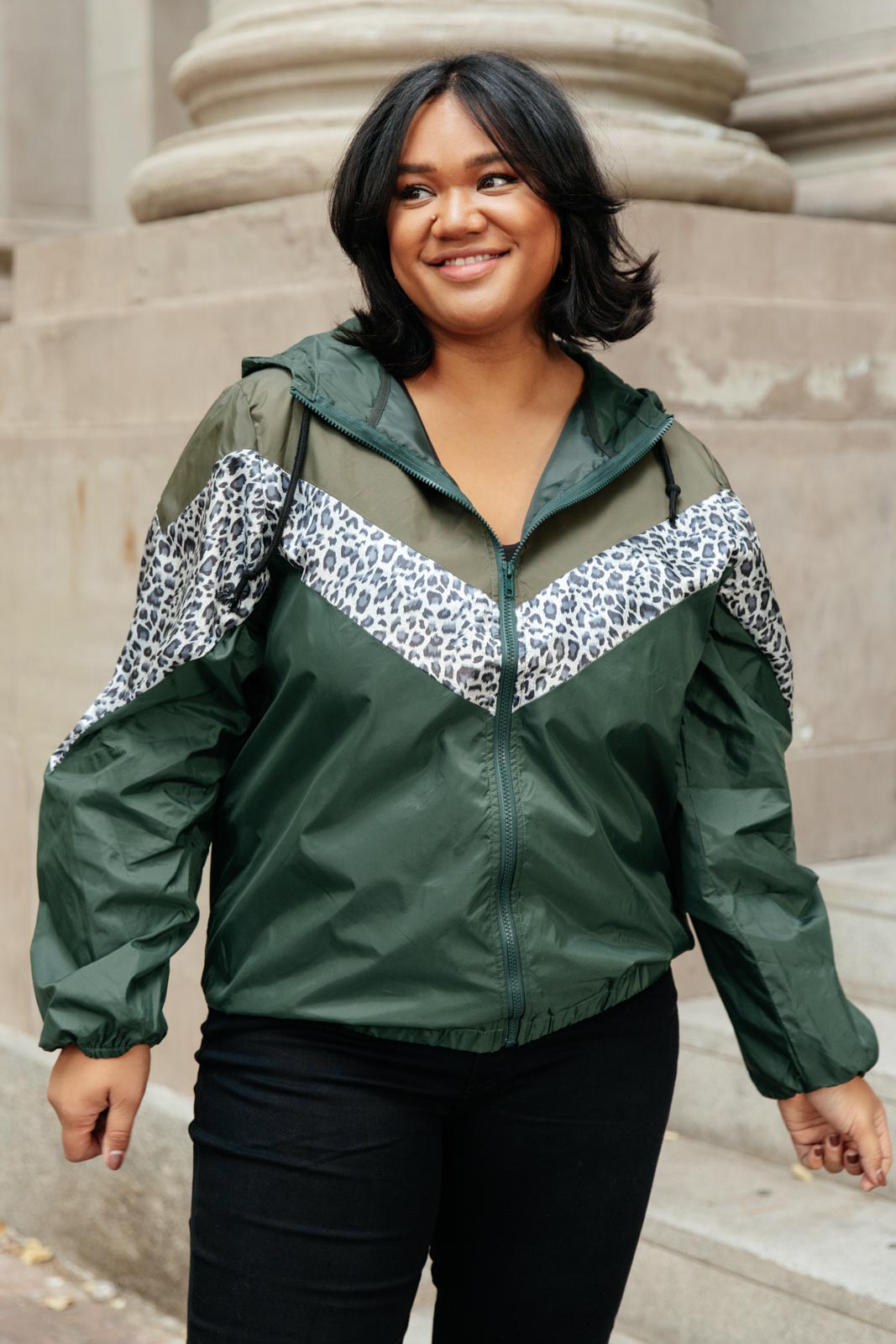 Olive green Make Your Move Windbreaker jacket with animal print and zipper front, perfect for fall outings.