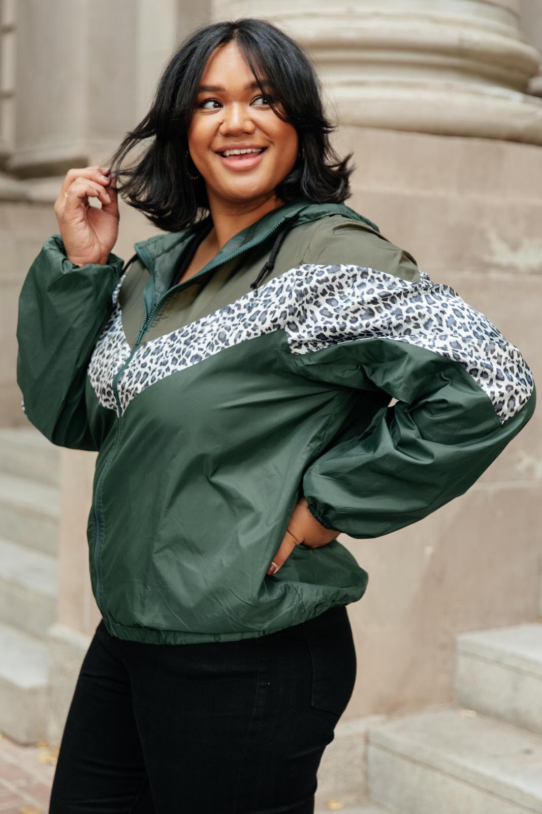 Olive green Make Your Move Windbreaker jacket with animal print and zipper front, perfect for fall outings.