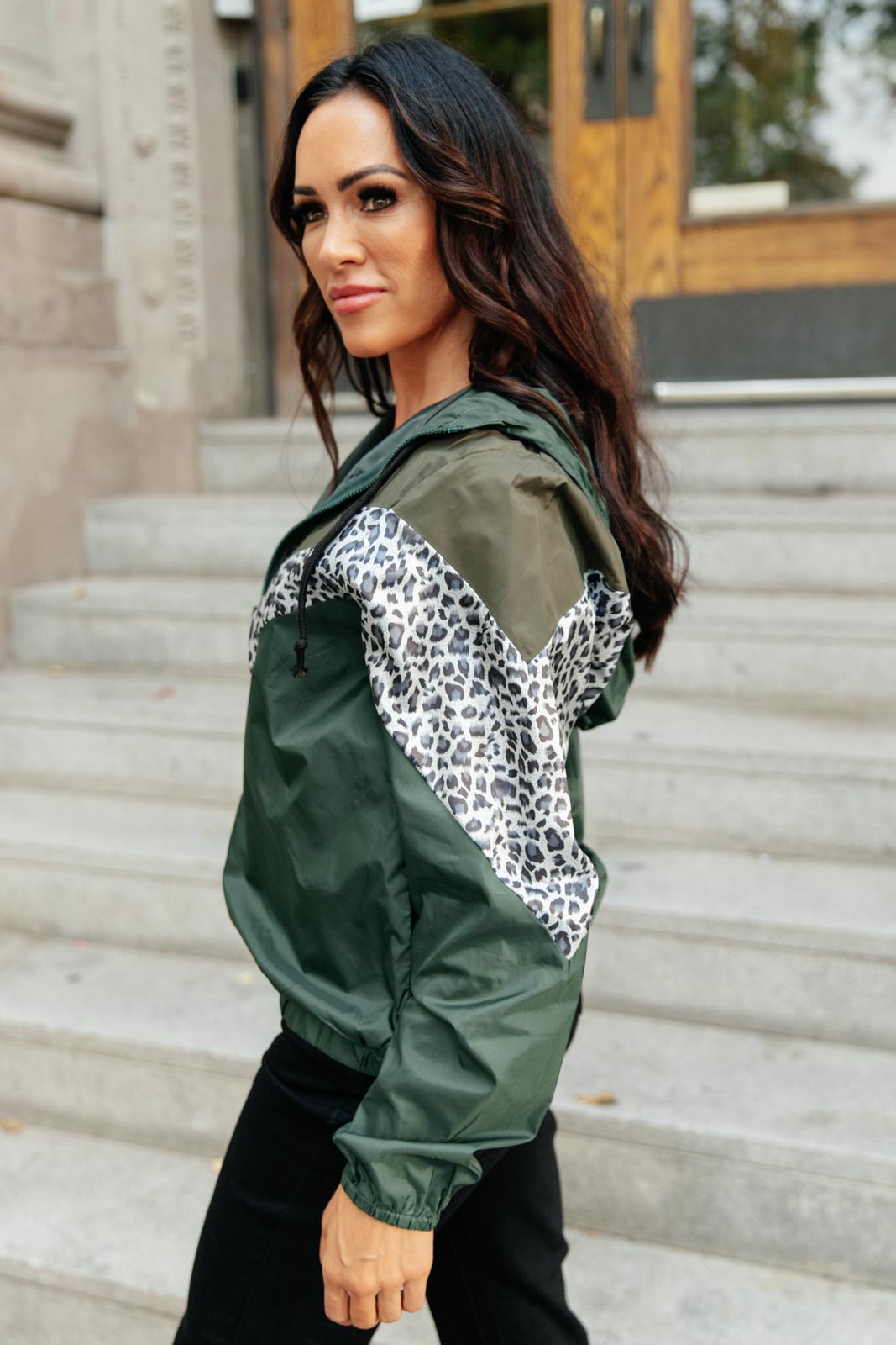 Olive green Make Your Move Windbreaker jacket with animal print and zipper front, perfect for fall outings.