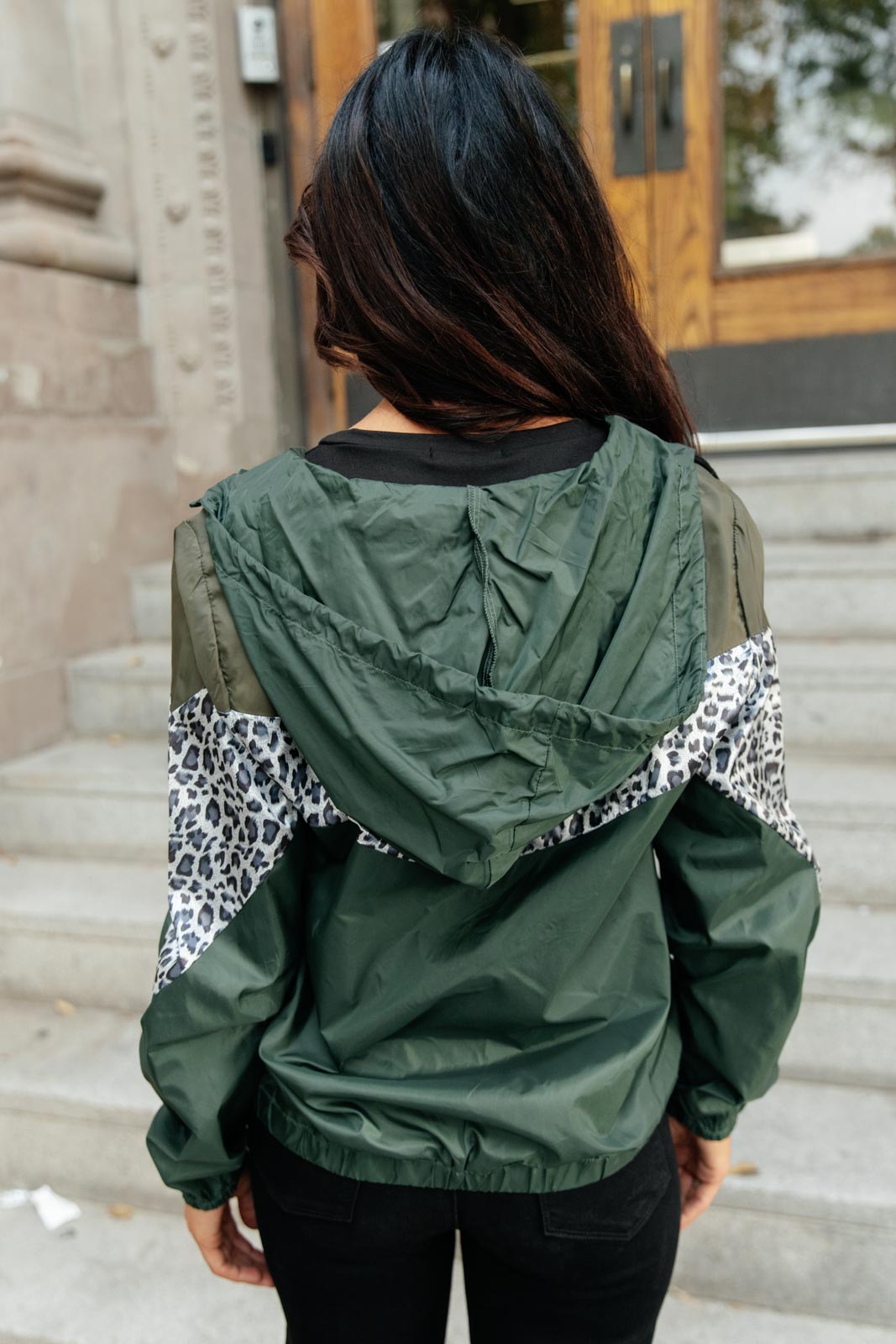 Olive green Make Your Move Windbreaker jacket with animal print and zipper front, perfect for fall outings.