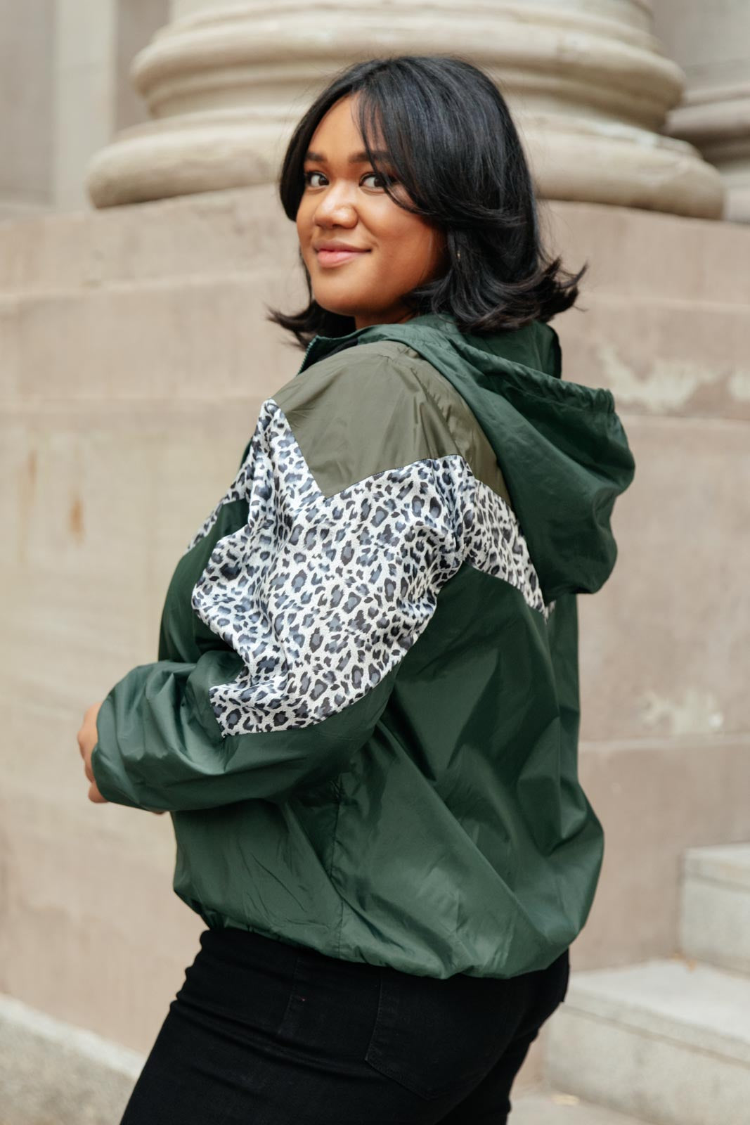 Olive green Make Your Move Windbreaker jacket with animal print and zipper front, perfect for fall outings.