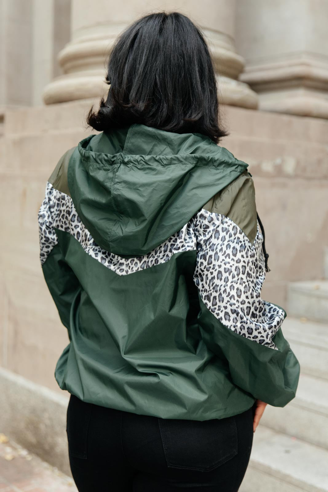 Olive green Make Your Move Windbreaker jacket with animal print and zipper front, perfect for fall outings.