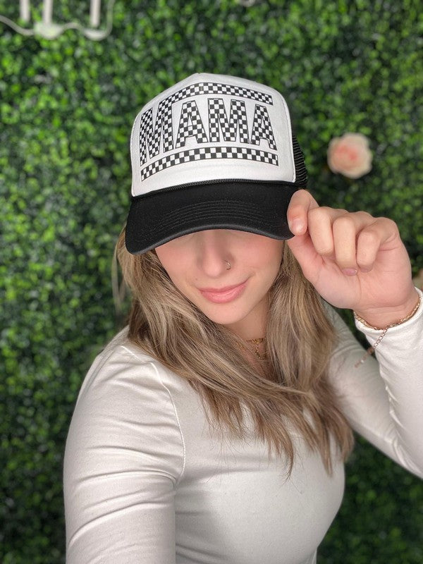 Mama Checkered Ponytail Trucker Hat featuring a stylish checkered pattern and ponytail slot, designed for trendy moms.