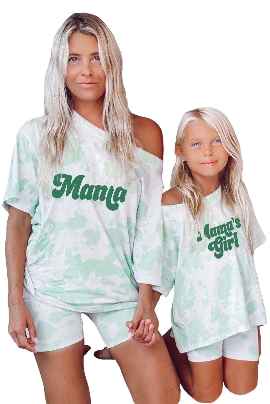 Mama’s Girl Tie-dye Print Lounge Set featuring a soft cotton top and slim fit shorts in vibrant colors.