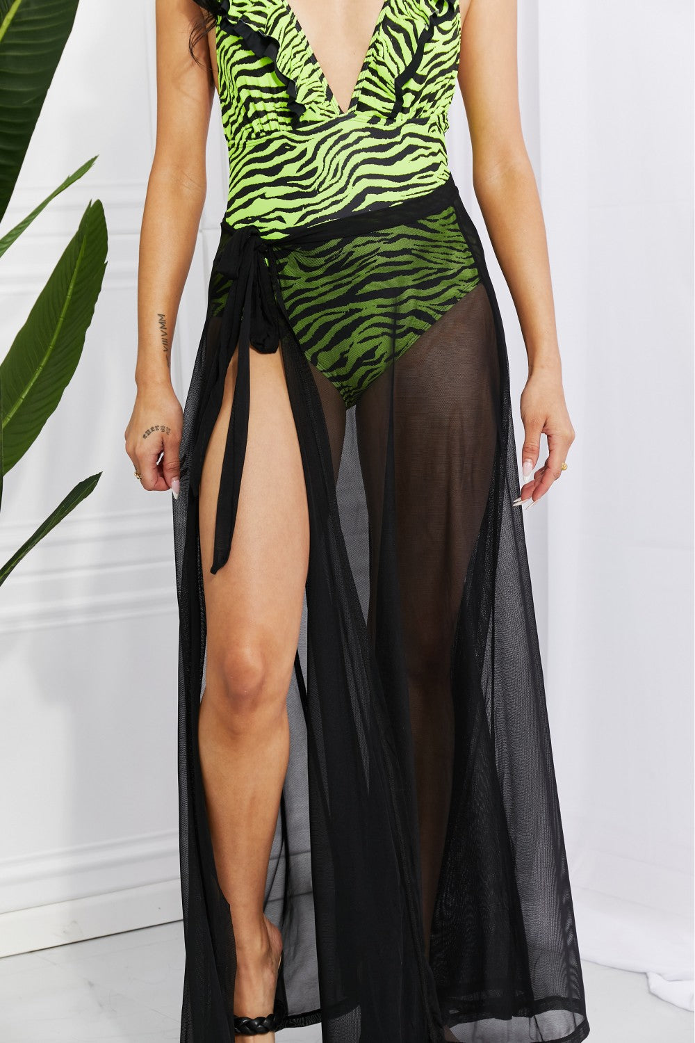 Marina West Swim Beach Is My Runway Mesh Wrap Maxi Cover-Up Skirt in sheer fabric, showcasing its long length and stylish wrap design.