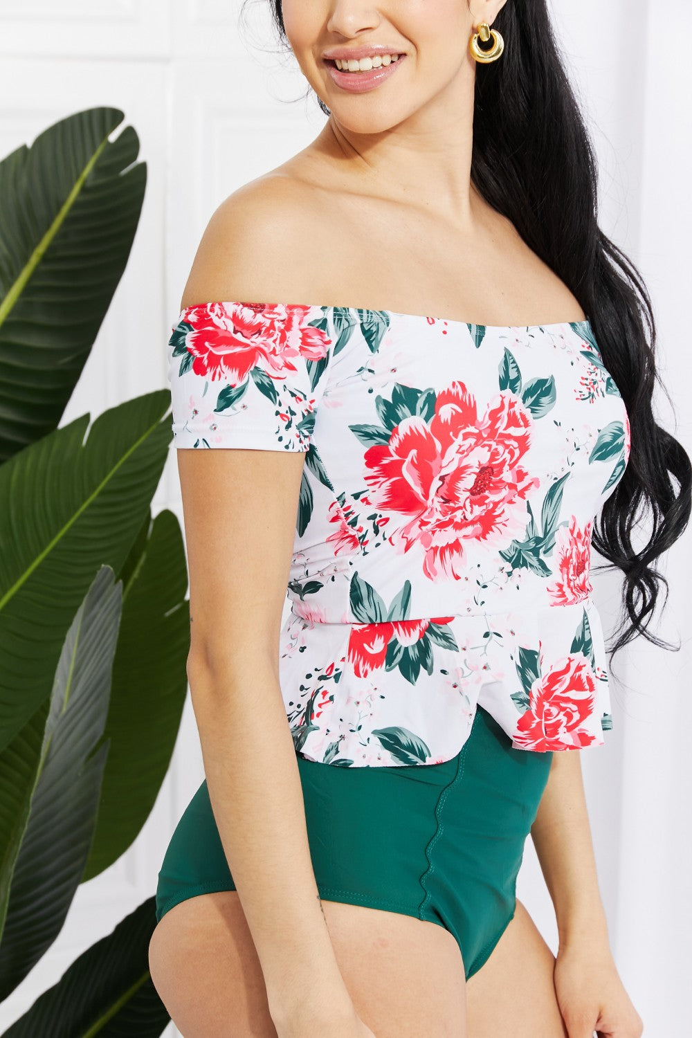 Marina West Swim Coastal Cutie Off-Shoulder Swim Tankini Set featuring floral design and high-waisted bottoms, perfect for summer.