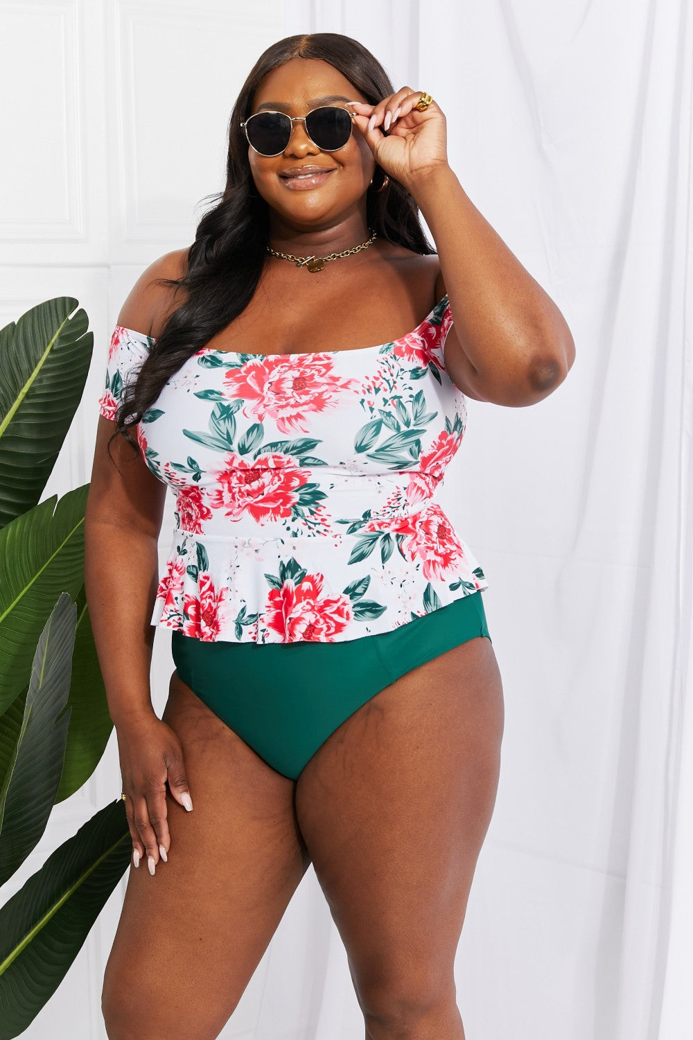 Marina West Swim Coastal Cutie Off-Shoulder Swim Tankini Set featuring floral design and high-waisted bottoms, perfect for summer.