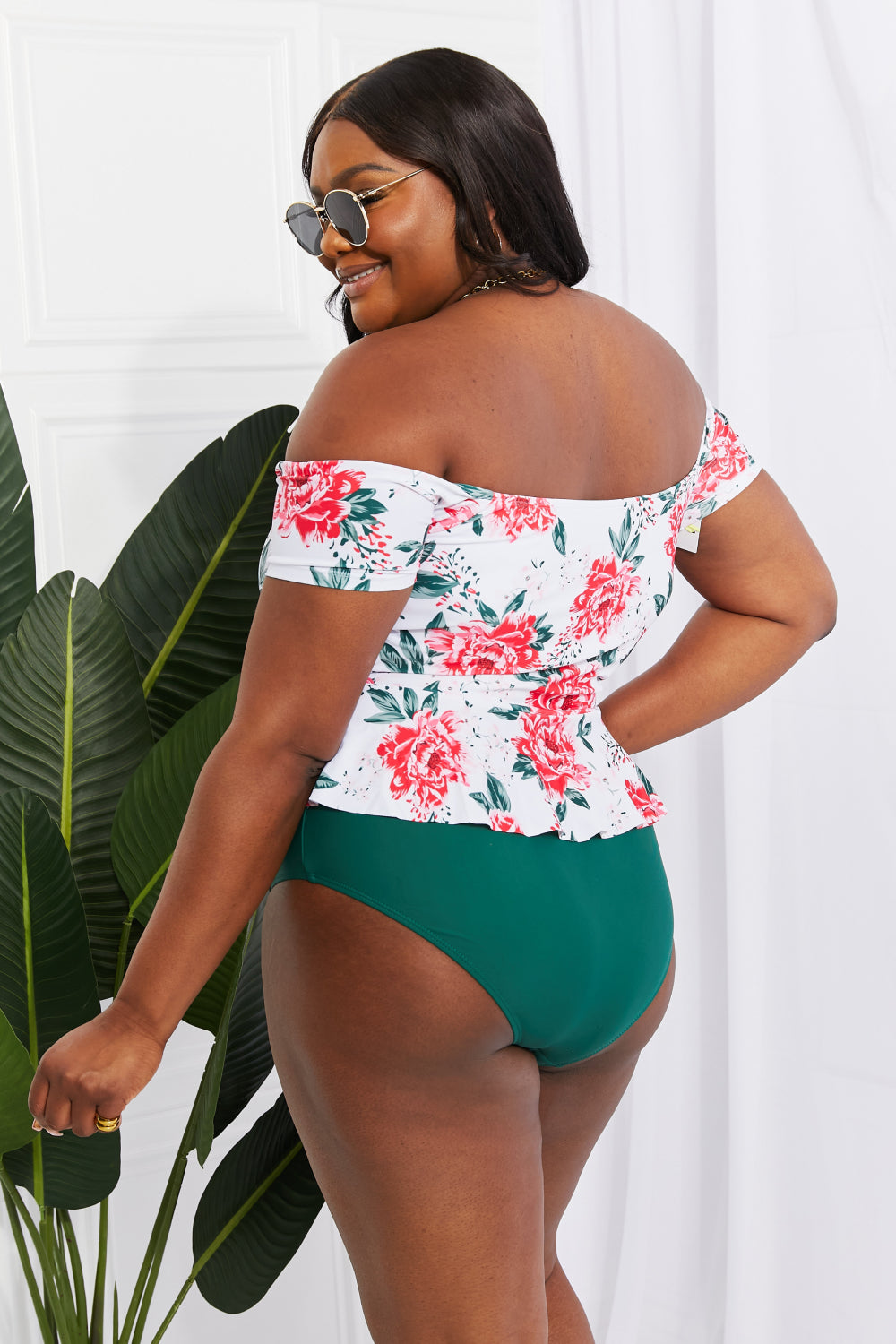 Marina West Swim Coastal Cutie Off-Shoulder Swim Tankini Set featuring floral design and high-waisted bottoms, perfect for summer.