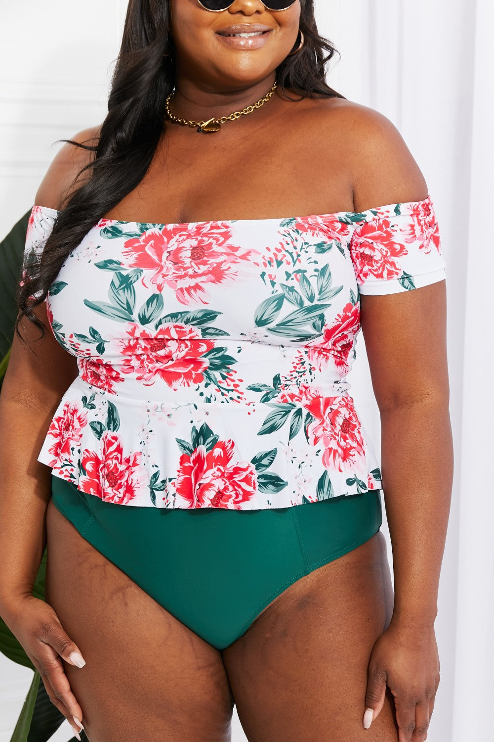 Marina West Swim Coastal Cutie Off-Shoulder Swim Tankini Set featuring floral design and high-waisted bottoms, perfect for summer.