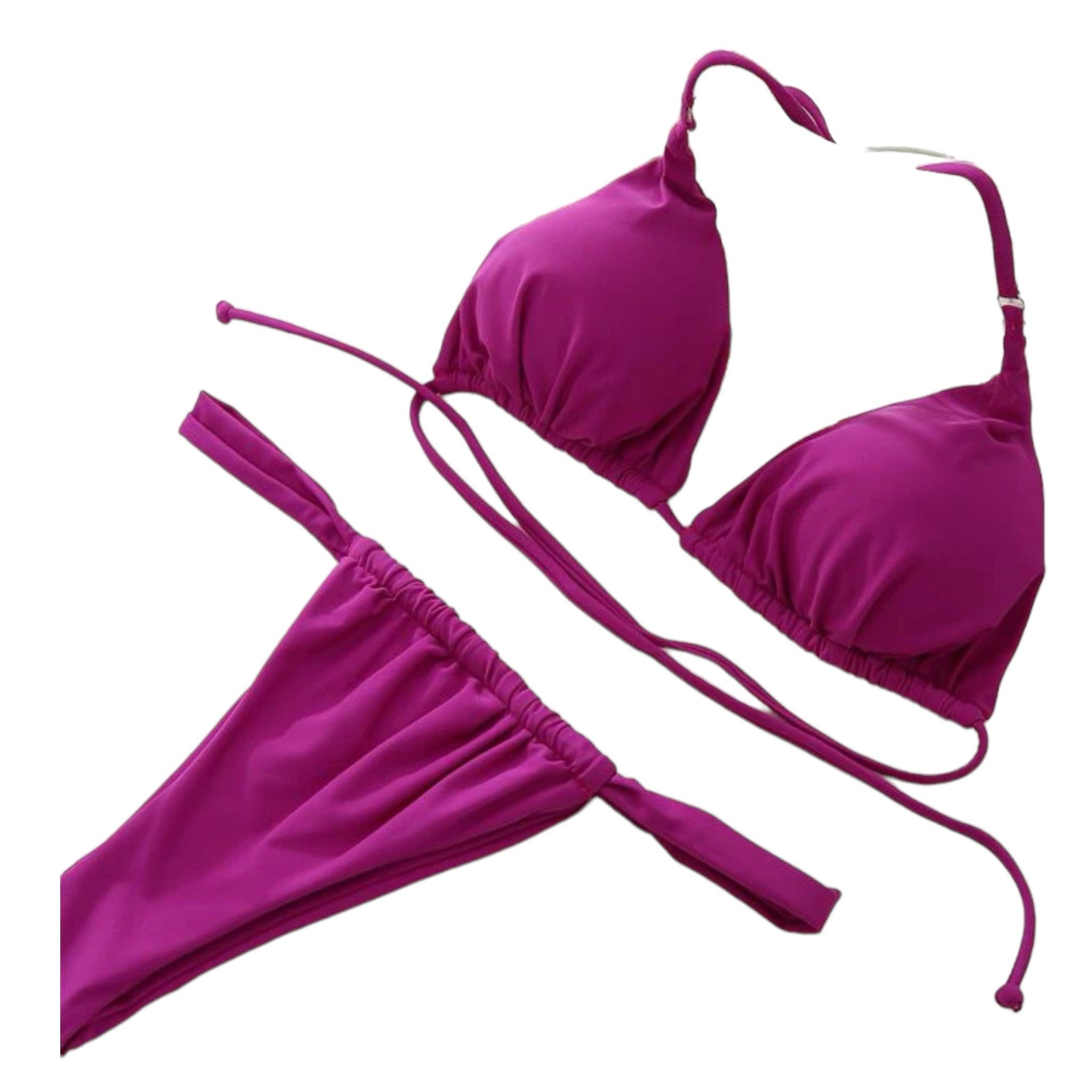Mauve two piece swimsuit featuring a halter neck and tie back design, perfect for stylish beach outings.