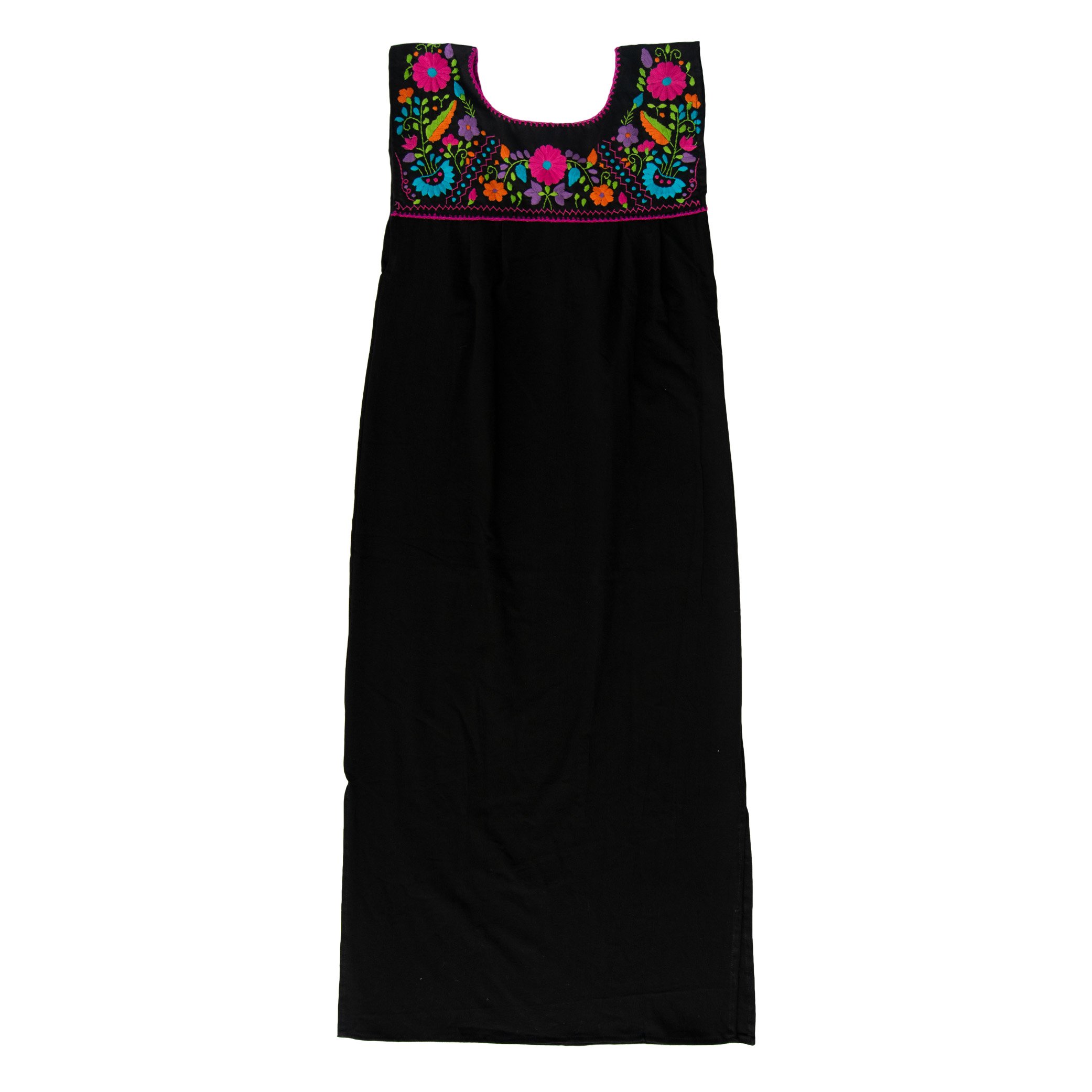 Maxi Isidra black dress featuring colorful hand-embroidered flowers, showcasing intricate craftsmanship and bohemian style.