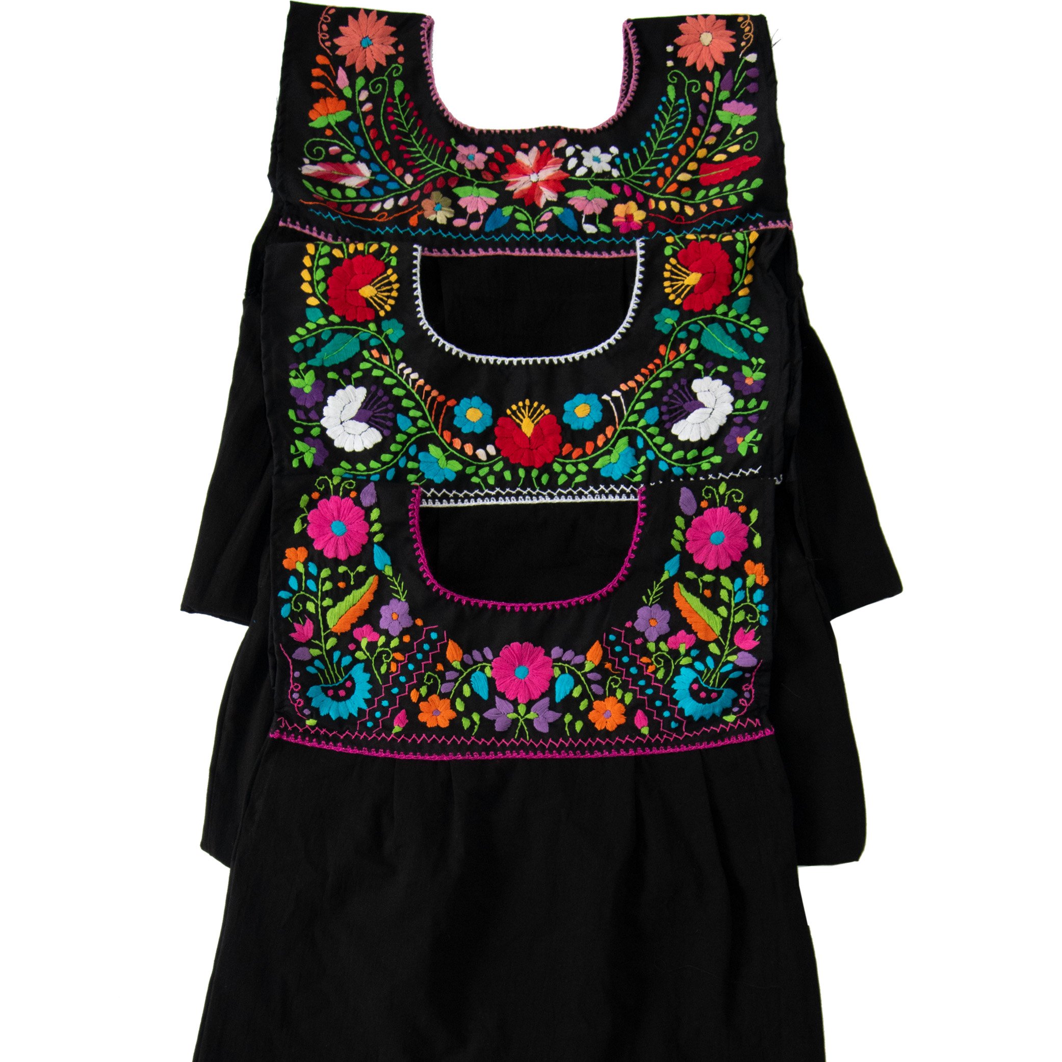 Maxi Isidra black dress featuring colorful hand-embroidered flowers, showcasing intricate craftsmanship and bohemian style.