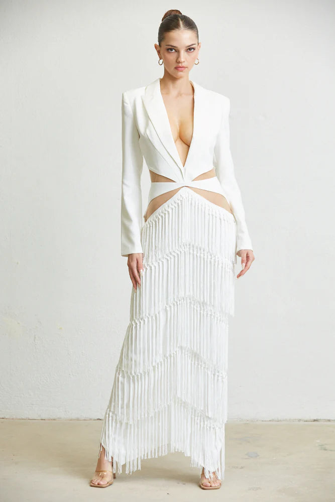 Maya Tassel Fringe Dress featuring a notched lapel collar, padded shoulders, and a multi-tiered tassel fringe skirt, perfect for elegant occasions.