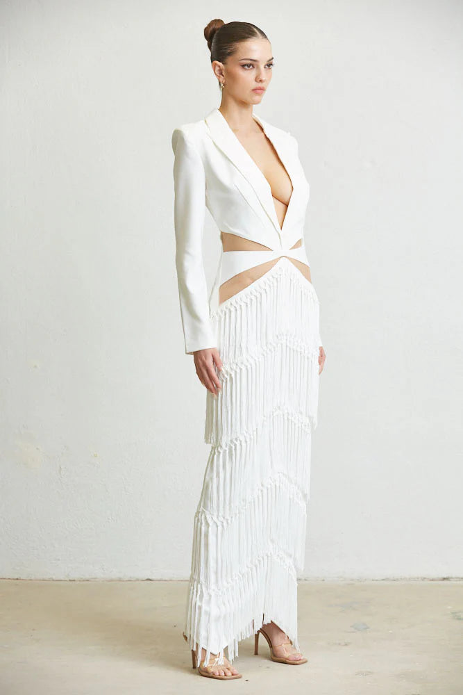 Maya Tassel Fringe Dress featuring a notched lapel collar, padded shoulders, and a multi-tiered tassel fringe skirt, perfect for elegant occasions.