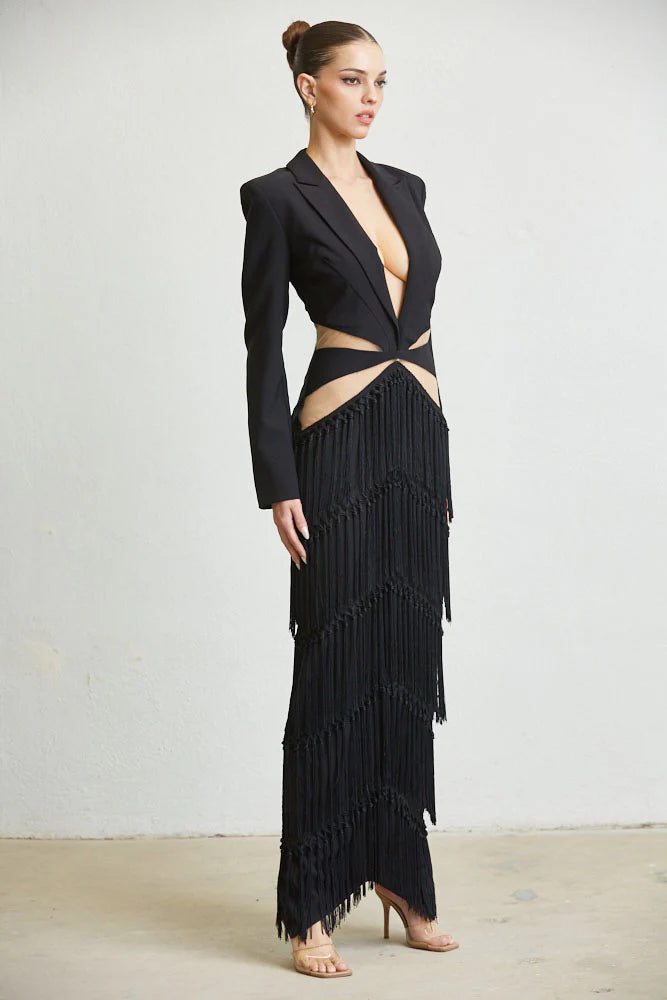 Maya Tassel Fringe Dress featuring a notched lapel collar, padded shoulders, and a multi-tiered tassel fringe skirt, perfect for elegant occasions.