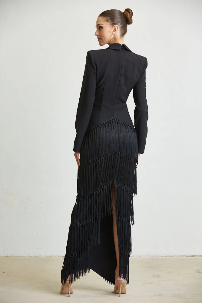 Maya Tassel Fringe Dress featuring a notched lapel collar, padded shoulders, and a multi-tiered tassel fringe skirt, perfect for elegant occasions.
