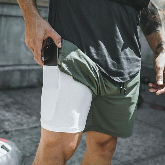 Men's 2 in 1 running shorts in black, featuring a drawstring closure and quick-dry fabric, perfect for jogging and fitness training.