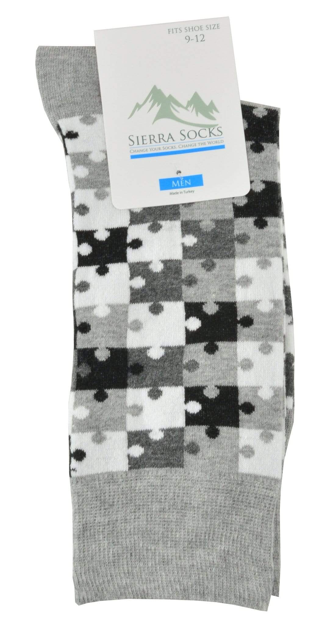 Men's Crew Socks with Smooth Toe Design featuring colorful jigsaw patterns, made from soft combed cotton.