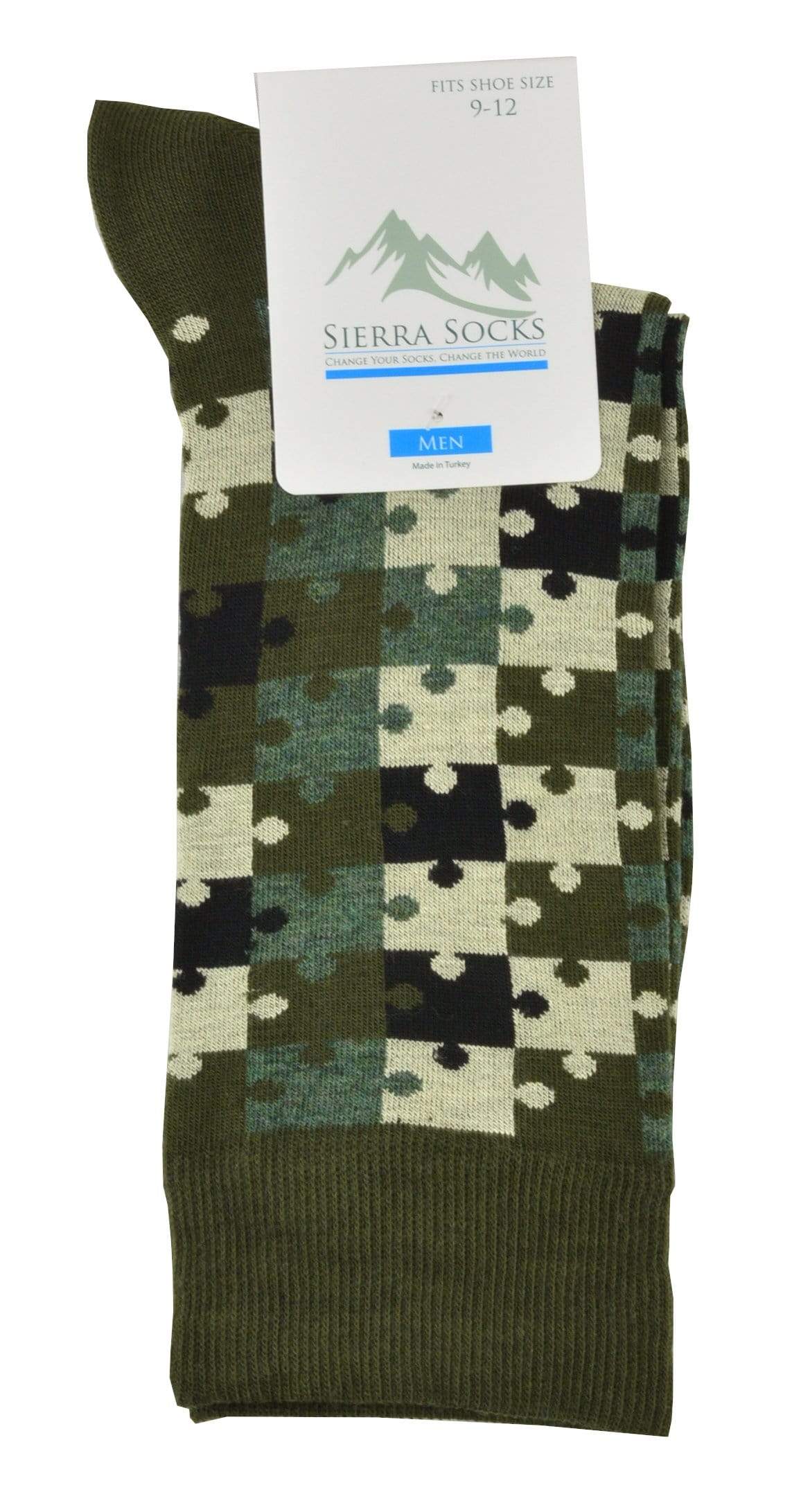 Men's Crew Socks with Smooth Toe Design featuring colorful jigsaw patterns, made from soft combed cotton.