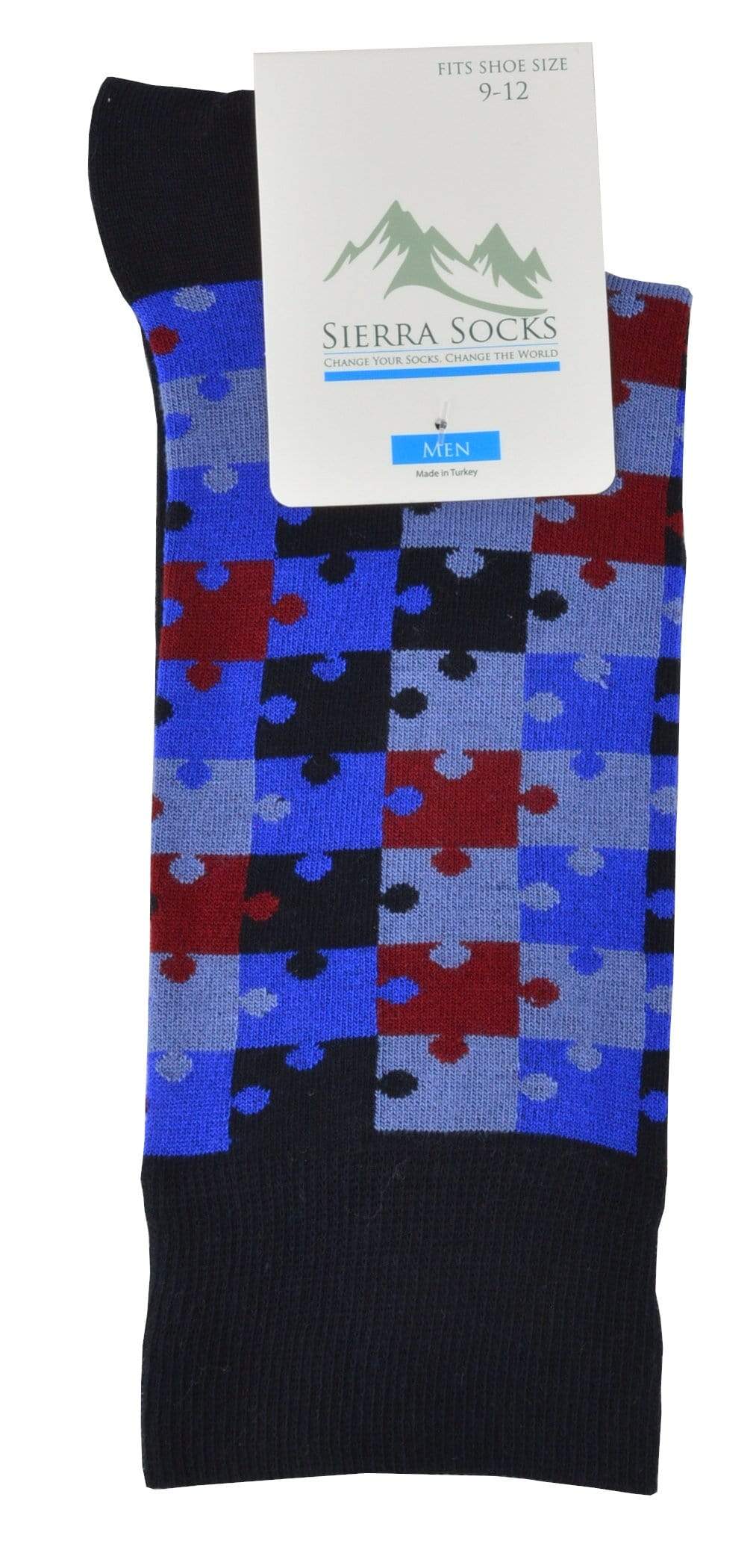 Men's Crew Socks with Smooth Toe Design featuring colorful jigsaw patterns, made from soft combed cotton.