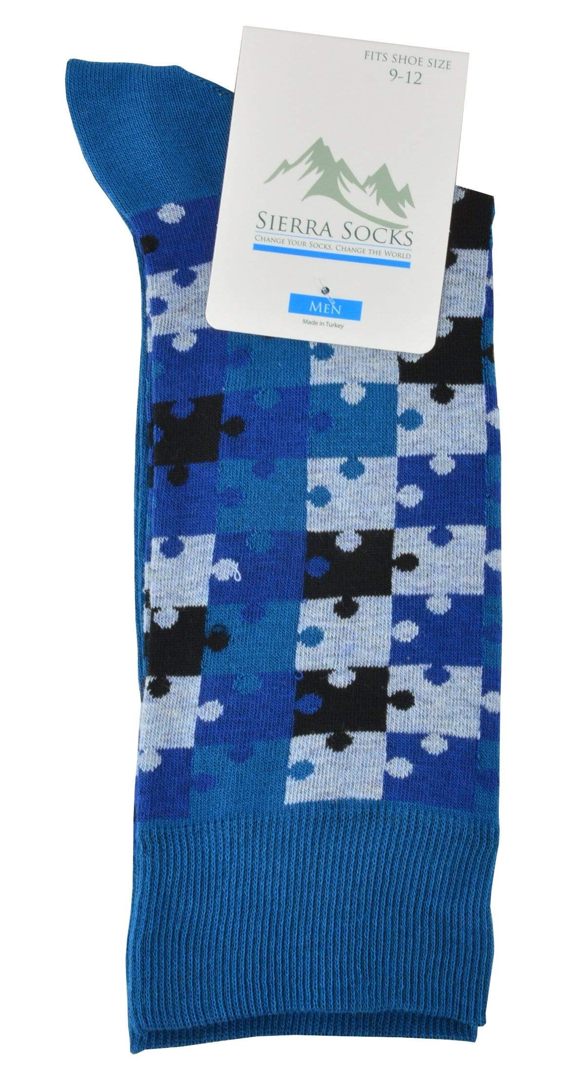 Men's Crew Socks with Smooth Toe Design featuring colorful jigsaw patterns, made from soft combed cotton.