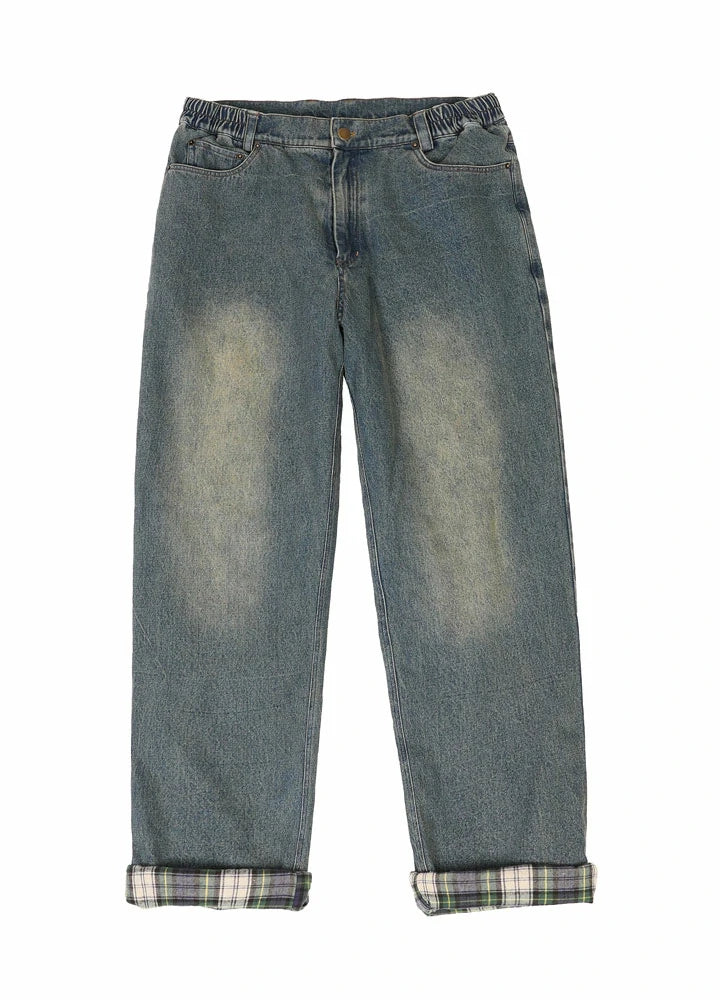 Men's flannel lined jeans with plaid lining and straight leg fit, showcasing a stylish and cozy design.