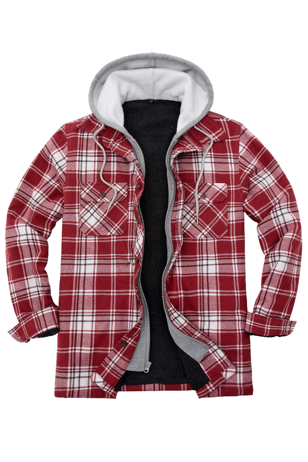 Men's plaid flannel shirt jacket with hood, featuring a fuzzy sherpa lining and multiple pockets for convenience.