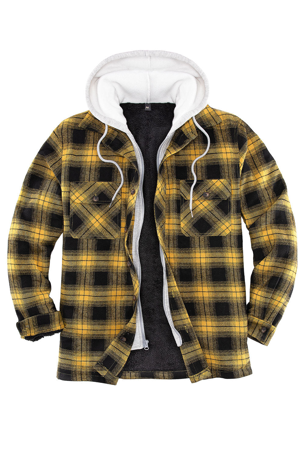 Men's plaid flannel shirt jacket with hood, featuring a fuzzy sherpa lining and multiple pockets for convenience.