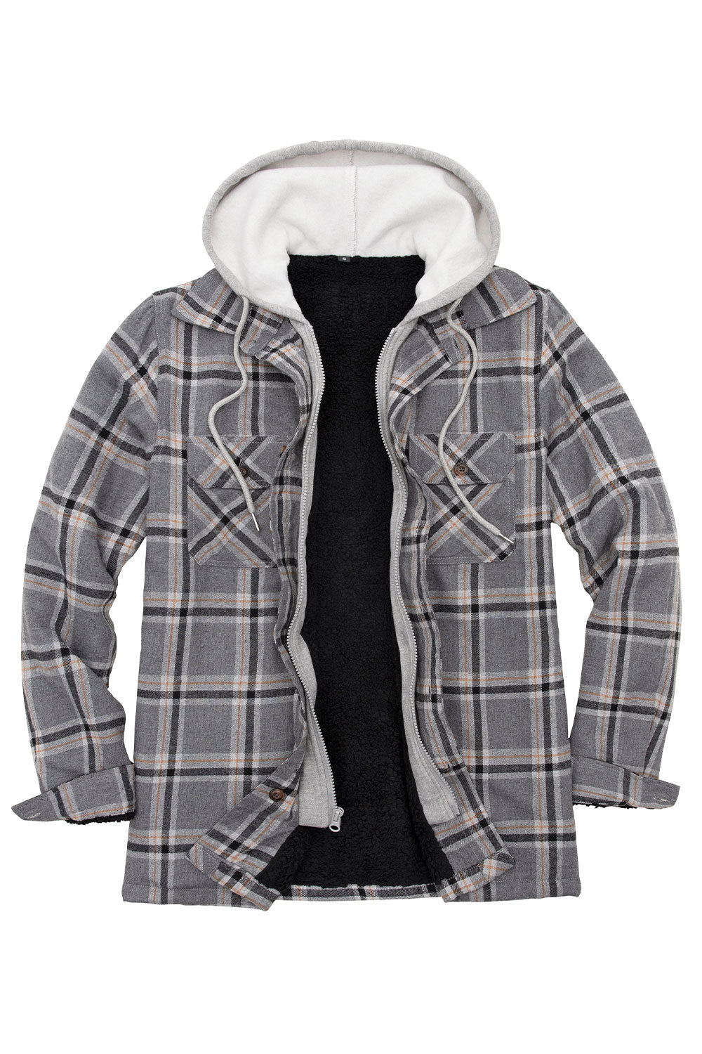 Men's plaid flannel shirt jacket with hood, featuring a fuzzy sherpa lining and multiple pockets for convenience.