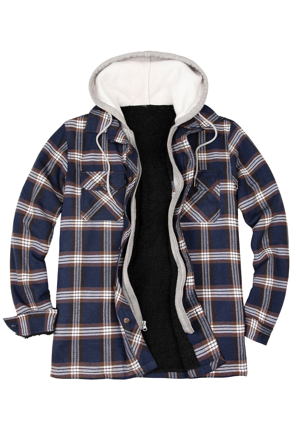 Men's plaid flannel shirt jacket with hood, featuring a fuzzy sherpa lining and multiple pockets for convenience.