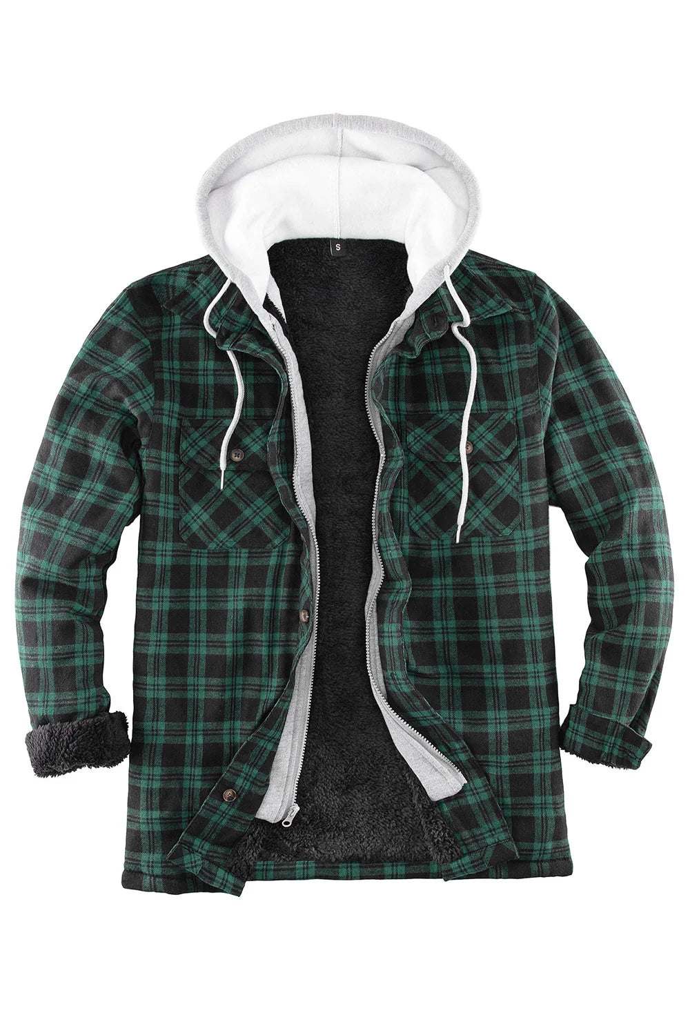 Men's plaid flannel shirt jacket with hood, featuring a fuzzy sherpa lining and multiple pockets for convenience.