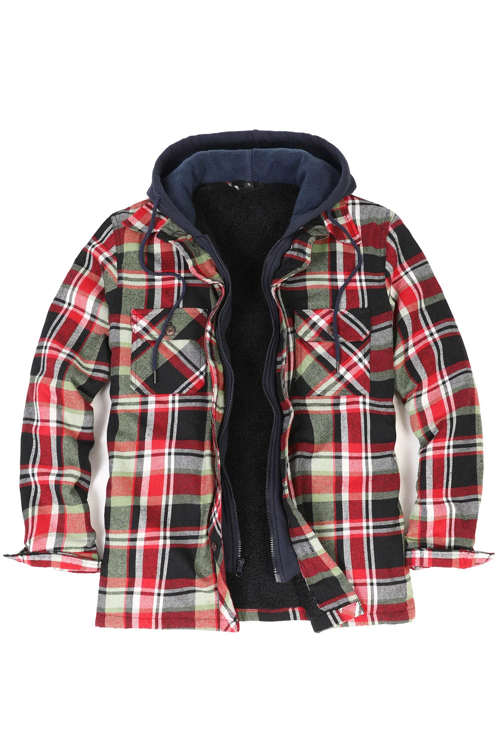 Men's plaid flannel shirt jacket with hood, featuring a fuzzy sherpa lining and multiple pockets for convenience.